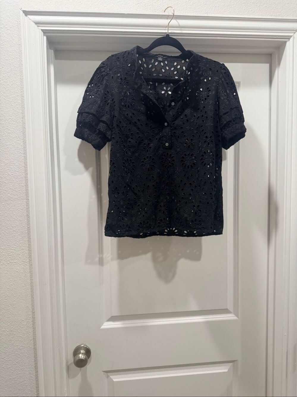 J.Crew Black Eyelet Short Sleeve Top Medium M Embroidered Cutout Casual Blouse